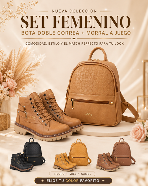 BOTA VELEZ DOBLE CORREA + MORRAL A JUEGO | INCLUYE CAJA